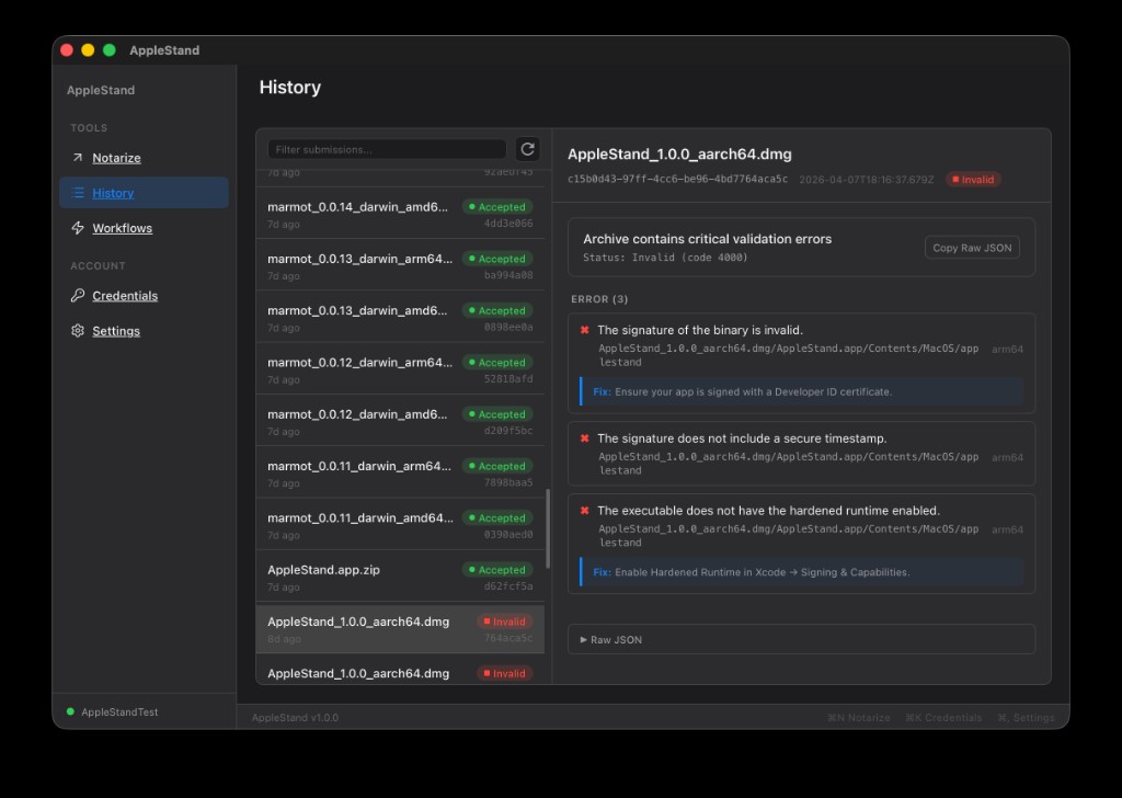 AppleStand history view — submission list with status badges and detailed error panel