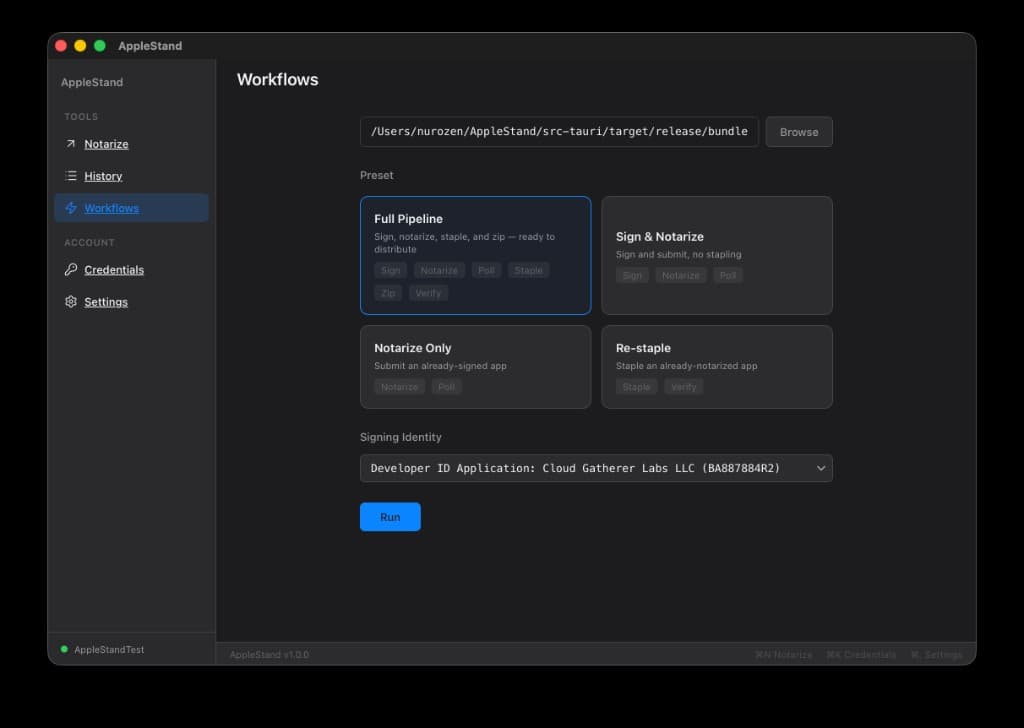 AppleStand workflow presets — Full Pipeline, Sign & Notarize, Notarize Only, Re-staple