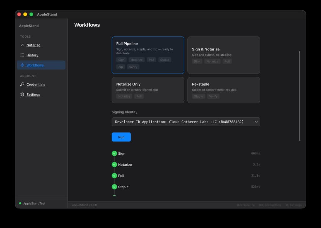 AppleStand pipeline running — Sign, Notarize, Poll, and Staple steps completing with timing