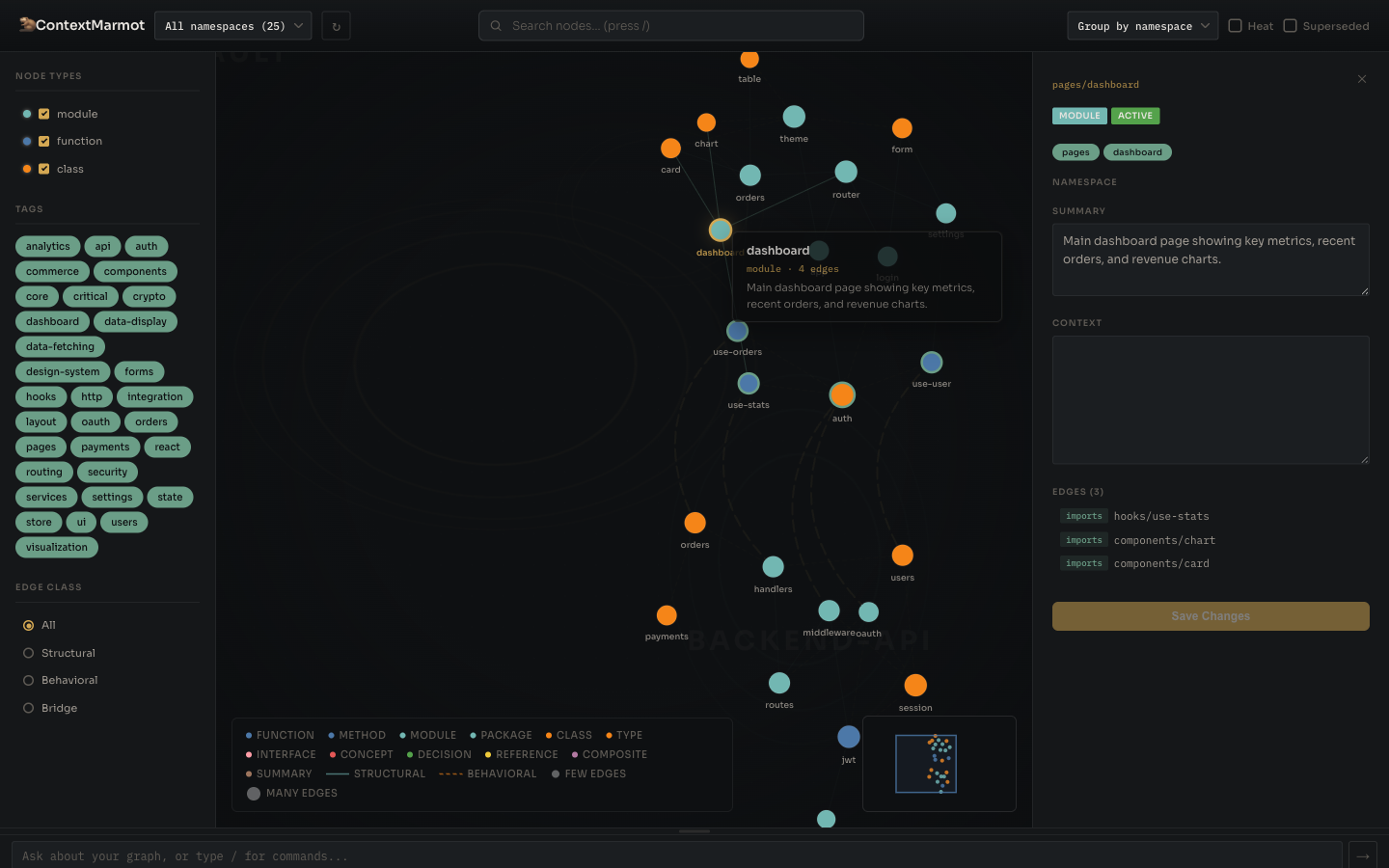 Node detail panel showing edges, tags, and summary