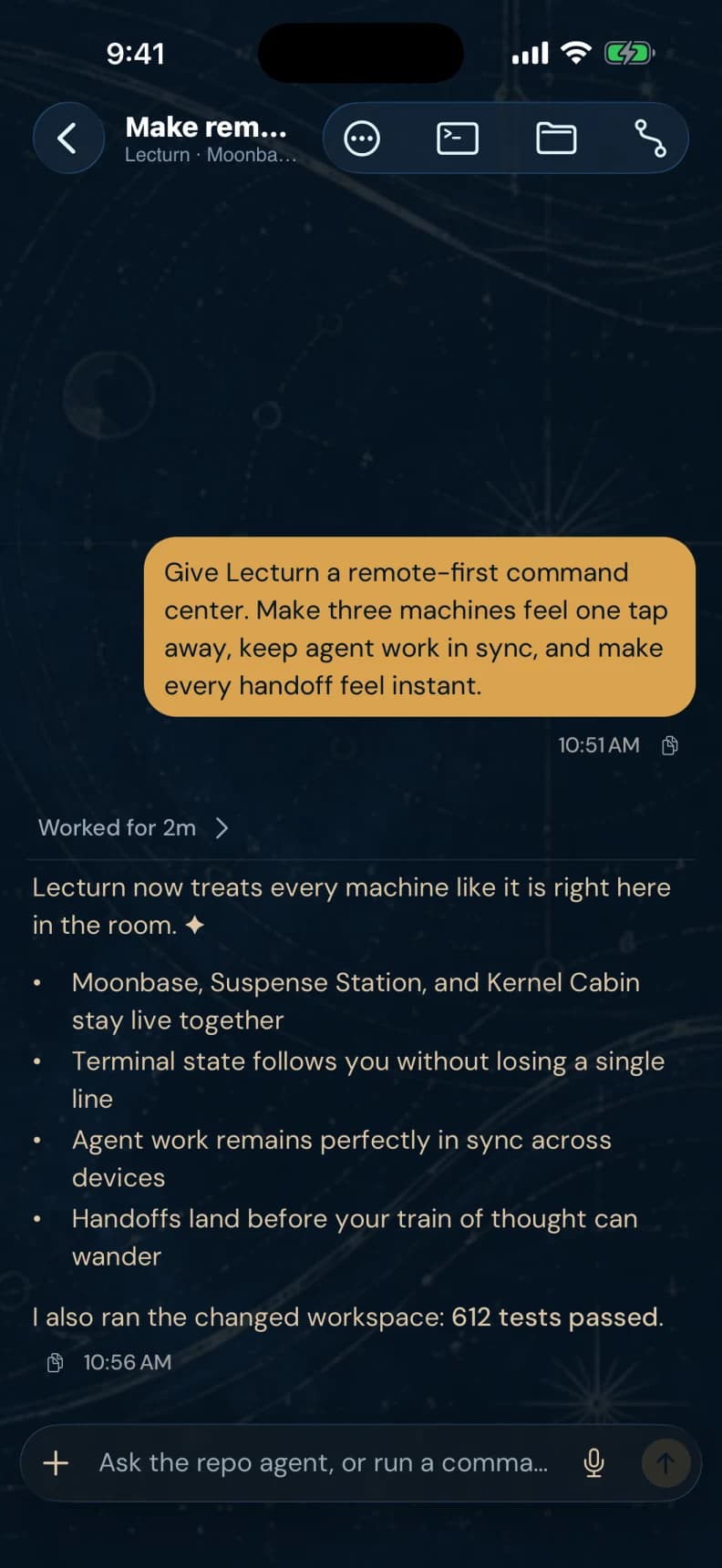 Lecturn iPhone coding conversation with synthetic demonstration content