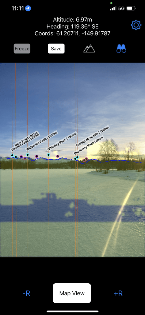 Cheechako app camera mode with peak labels